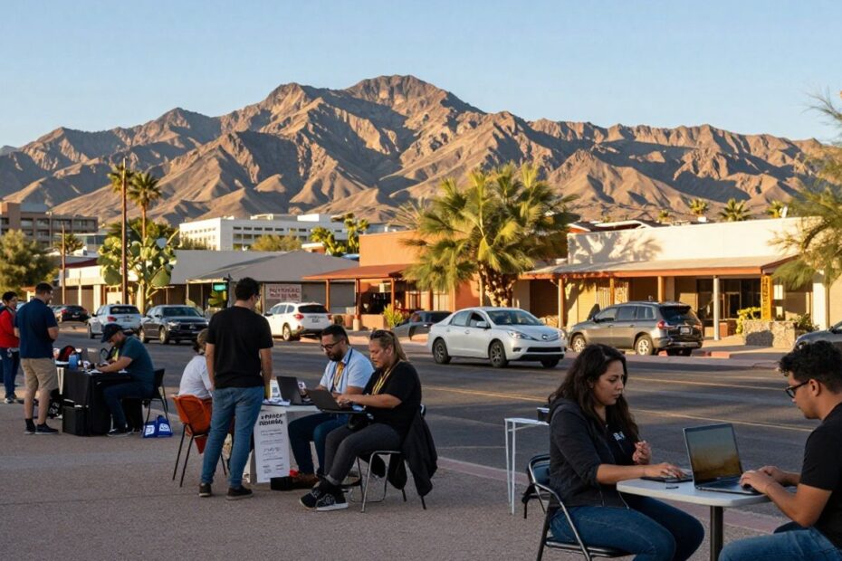 Phoenix cityscape with mountains and people starting businesses.