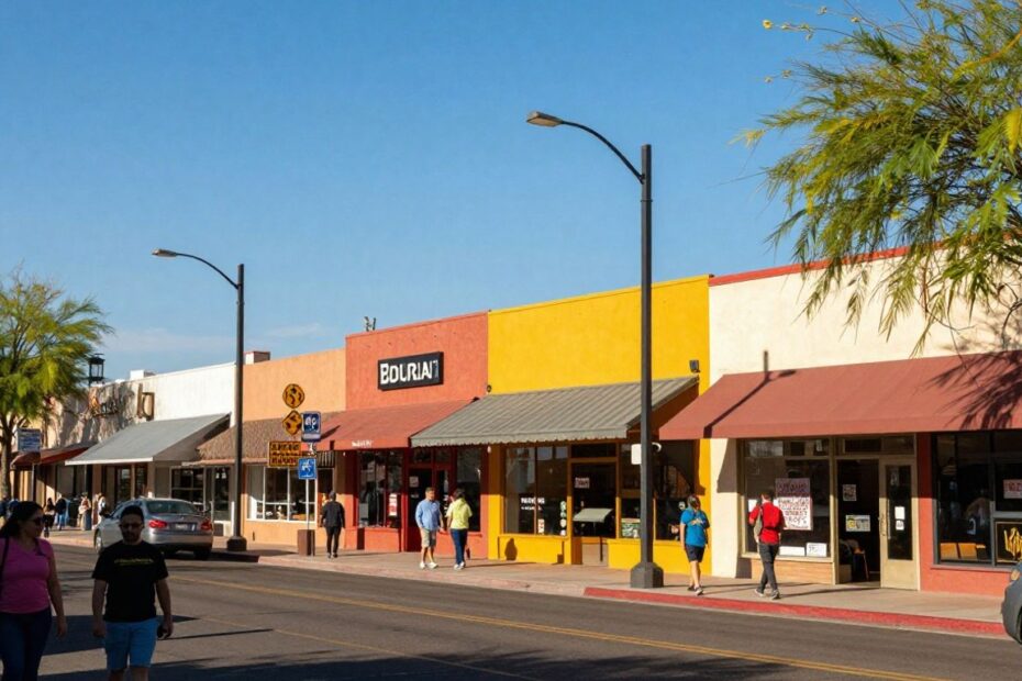 Phoenix cityscape with thriving small businesses and people.