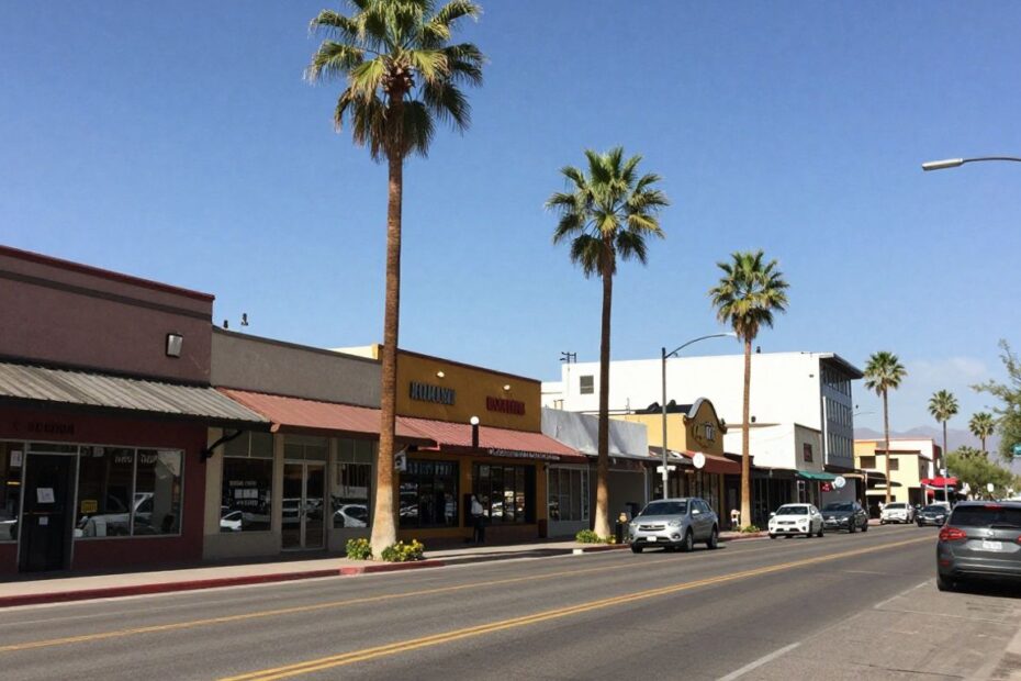 Tucson cityscape with small businesses and palm trees.