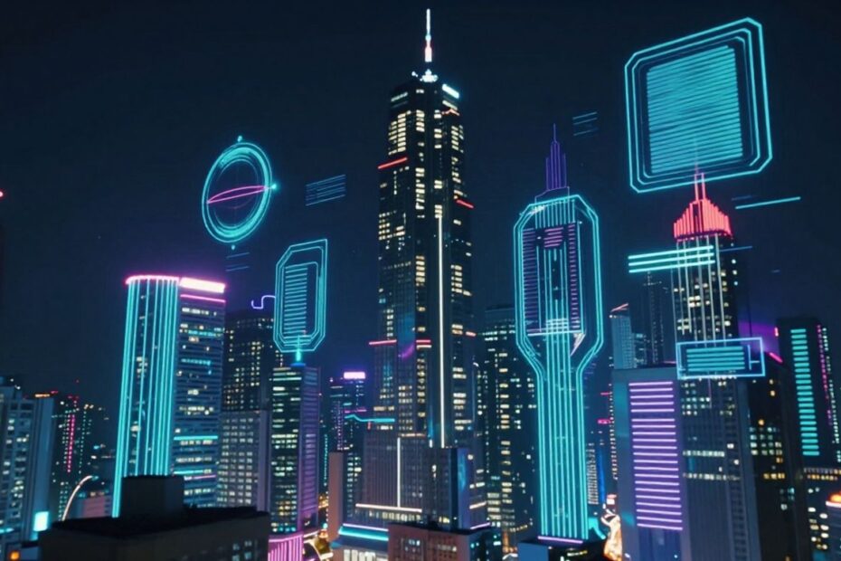 Futuristic cityscape with glowing neon and holographic projections.