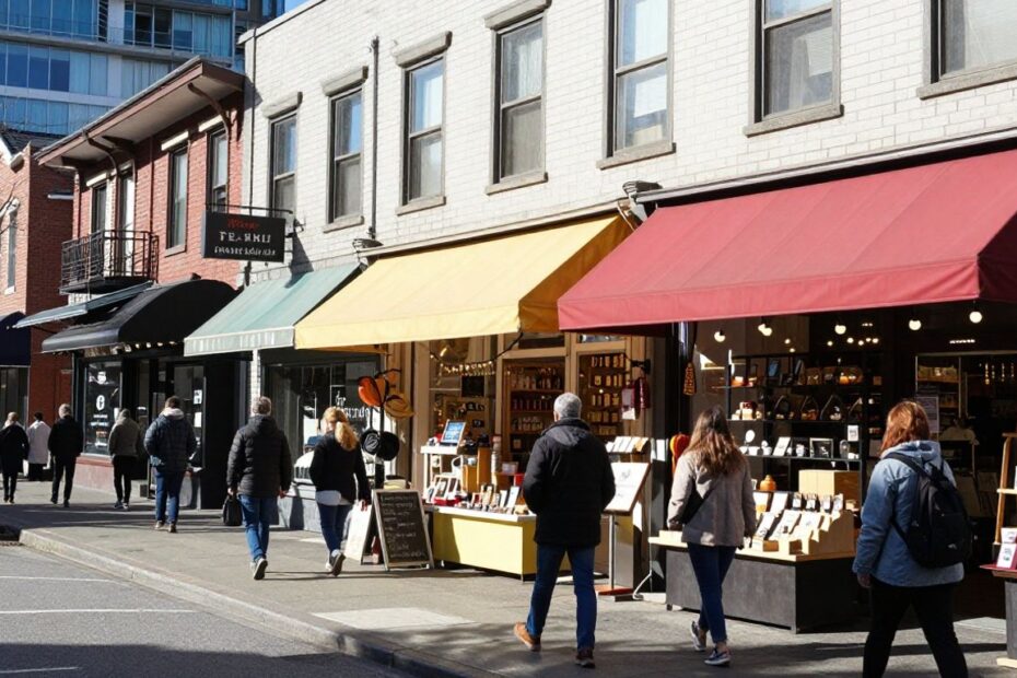 Charming storefronts on a sunny Vancouver street.