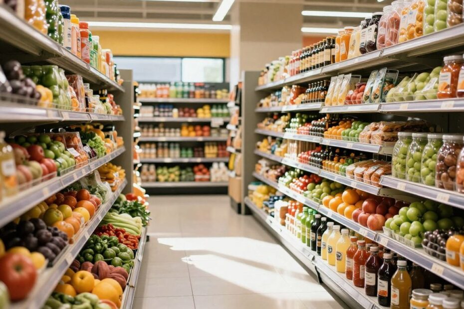 Bright grocery store aisle with fresh produce and products.