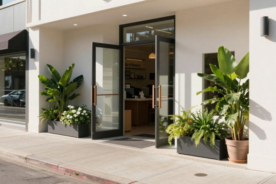 Modern storefront with plants and sunlight.