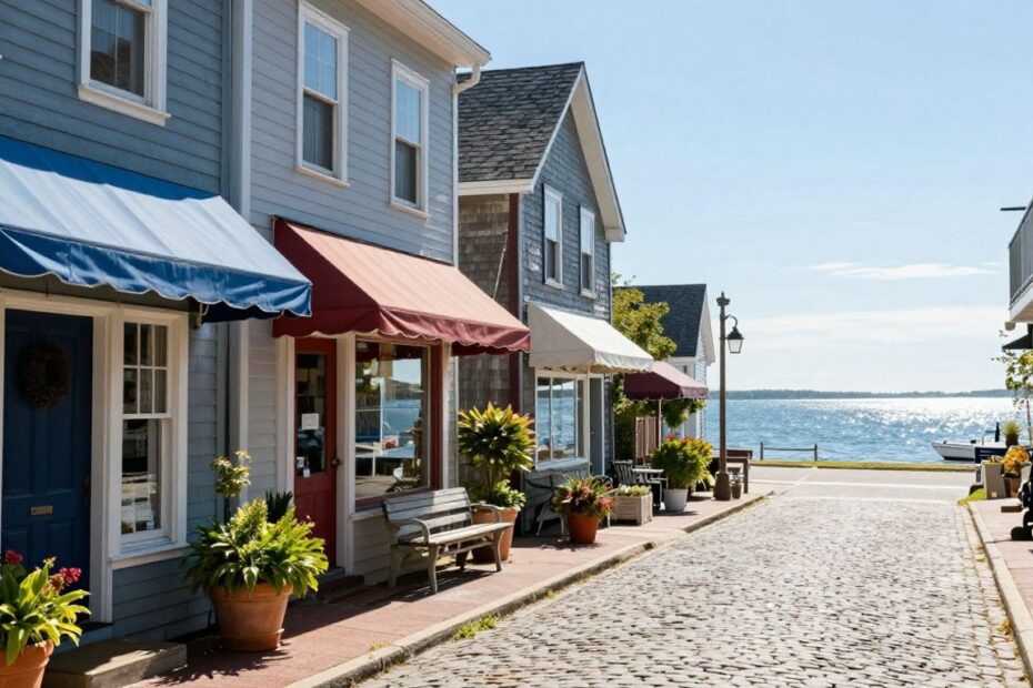 Charming Rhode Island storefronts along a coastal street.