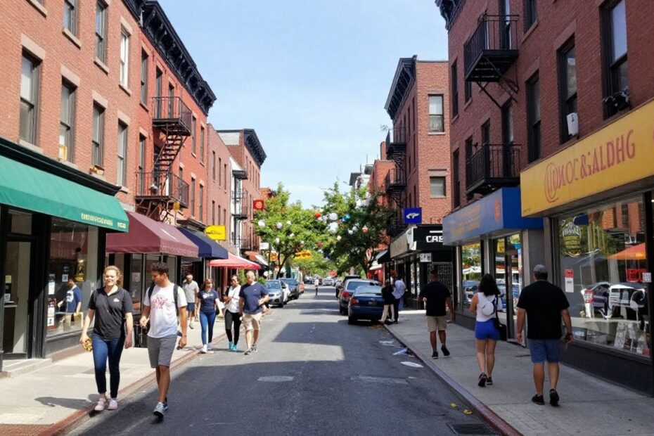 Brooklyn street with diverse small businesses and brownstone buildings.