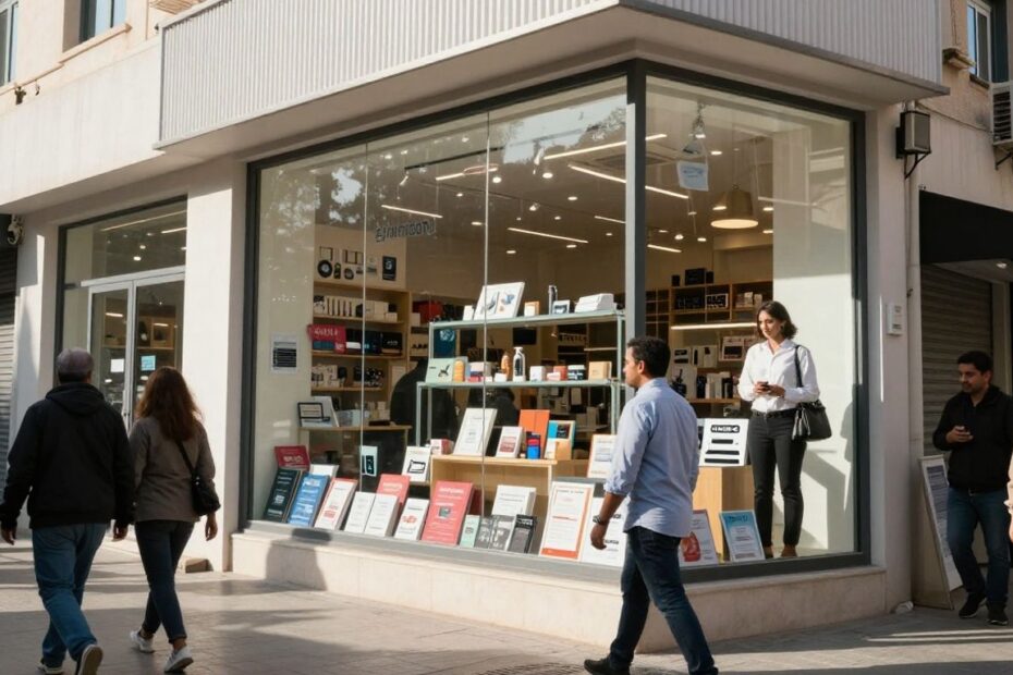 Business storefront with people looking inside.