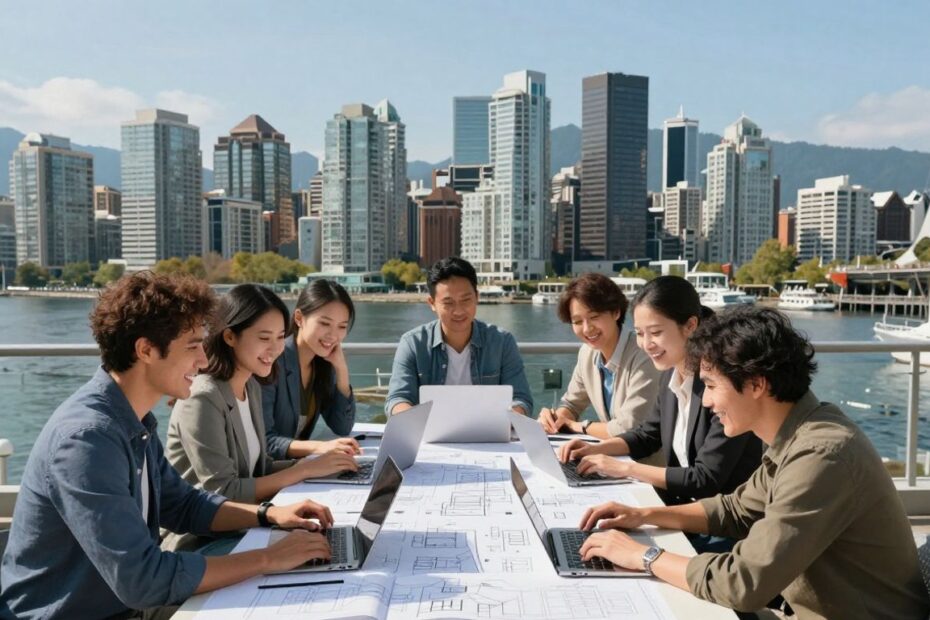 Vancouver skyline and entrepreneurs planning business ventures.