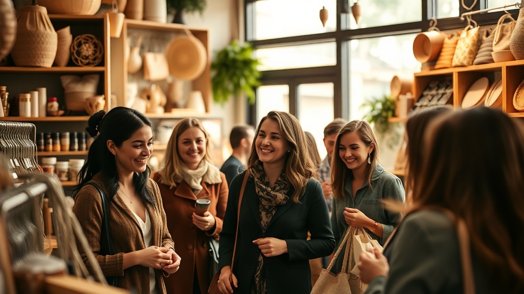 Busy main street downtown with independent shops and local businesses during Small Business Saturday shopping event with customers browsing storefronts