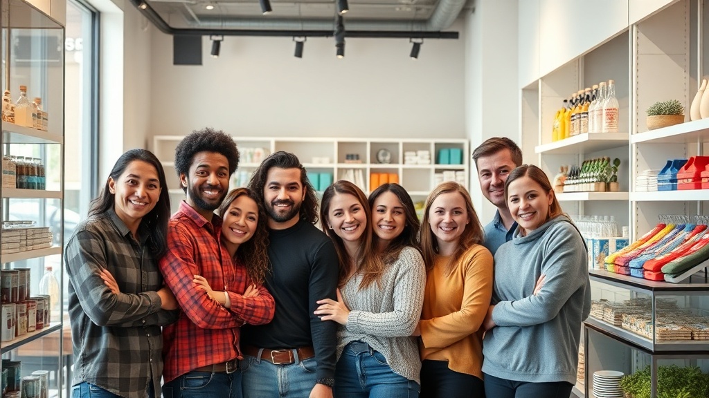 Diverse minority business owners standing in front of their storefronts including a tech office, restaurant, retail store, catering business, and craft studio