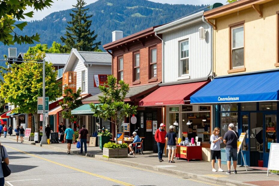 Vancouver BC street with small businesses and people.