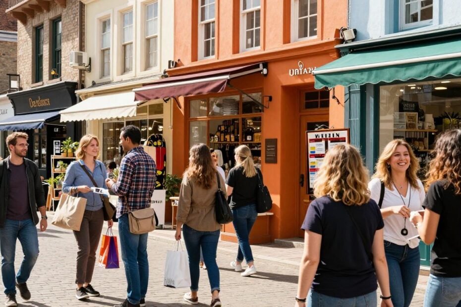 Diverse shoppers supporting local Black-owned businesses on a sunny street.