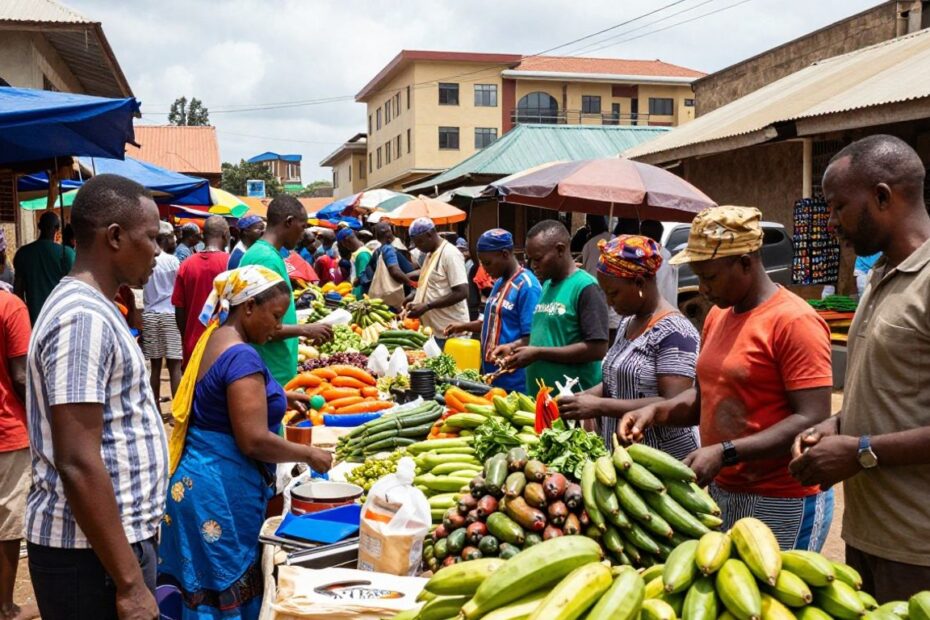Bustling Kisumu market with colorful goods and people.