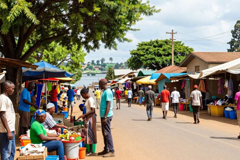 Bustling Kisumu street with diverse small businesses and Lake Victoria.