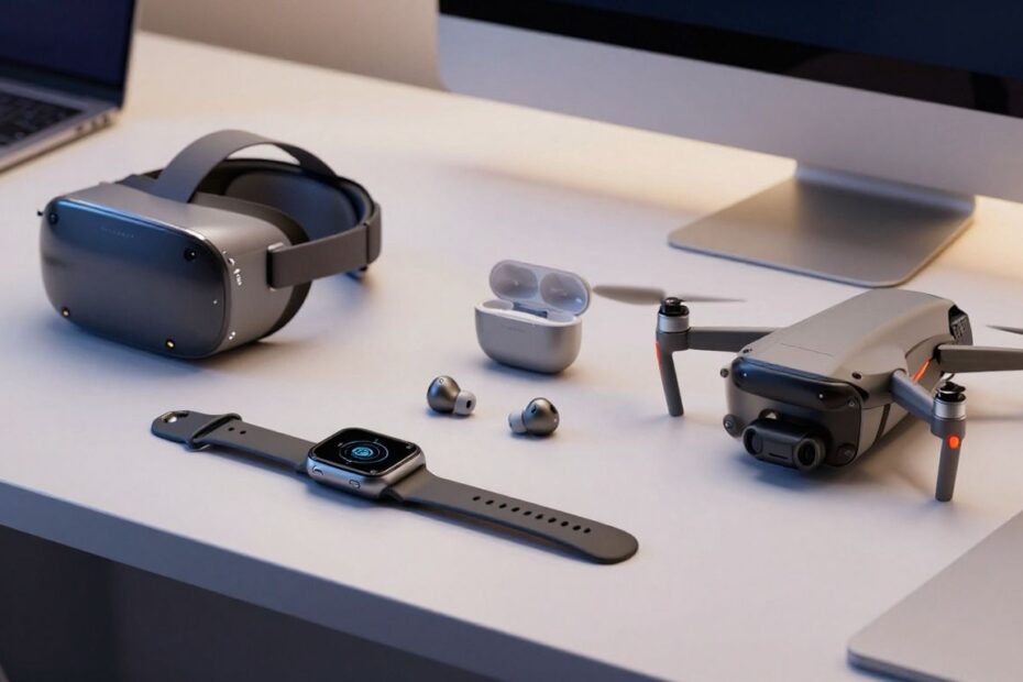 Man gadgets for 2026: smartwatch, drone, VR headset.