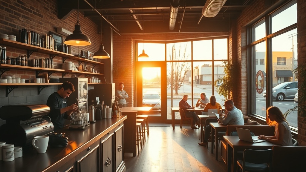 Overhead view of pour-over coffee setup with fresh roasted beans and origin label on wooden counter in independent cafe