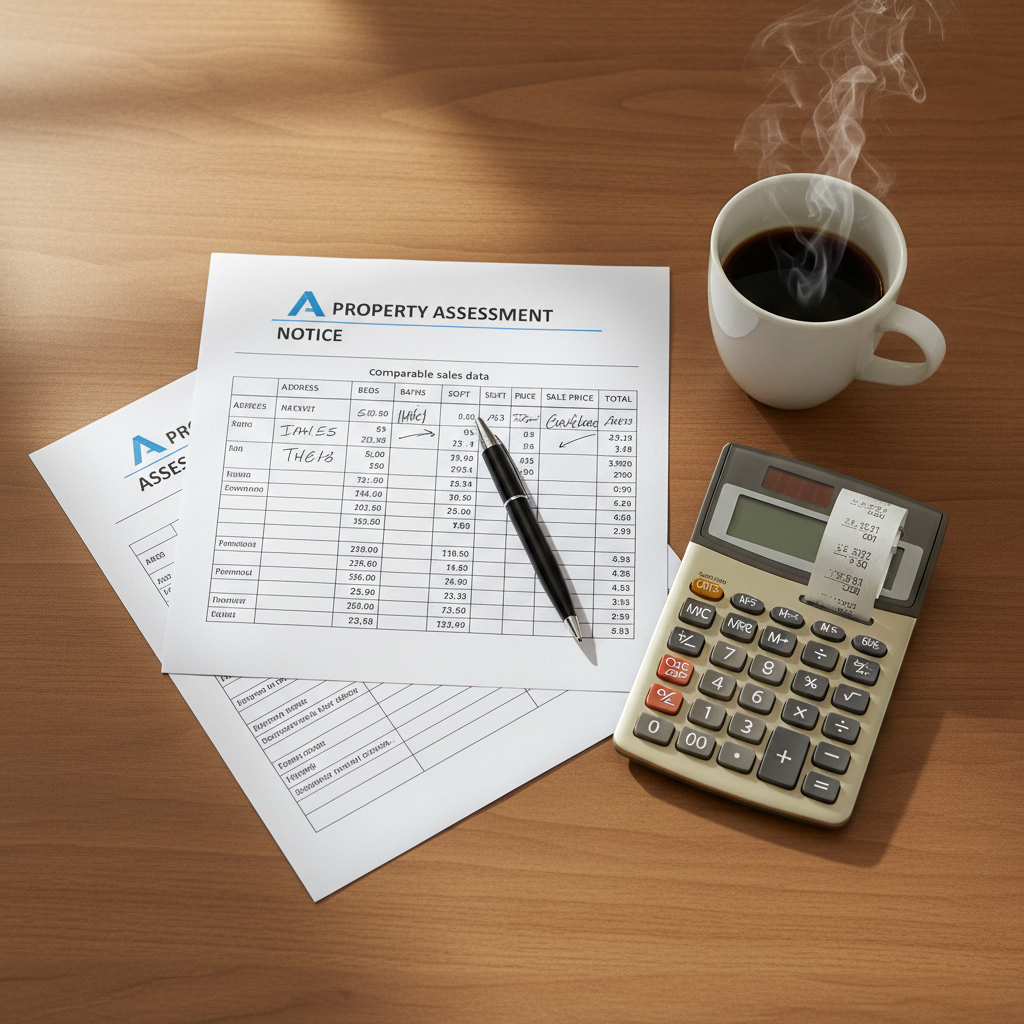 Property tax evidence documents organized on a desk
